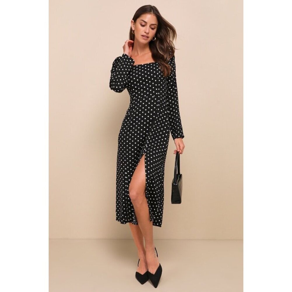 Lulus Charmed And Classy Black Polka Dot Long Sleeve Midi Dress - Size XXS